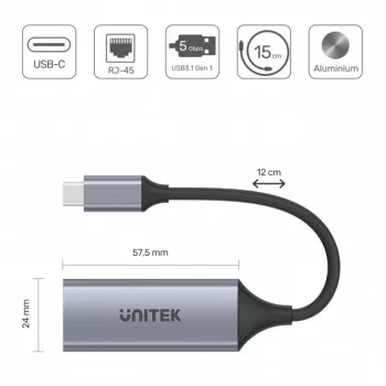 Network Interface Card Unitek U1312A, IEEE 802.3, Grey, 0.5 m cable