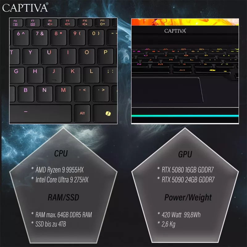 Captiva Ultimate Gaming R95-061GE gaming laptop, AMD Ryzen 9 9955HX, 16 inch WQXGA, 64GB DDR5, 2TB SSD, NVIDIA GeForce RTX 5090, Windows 11