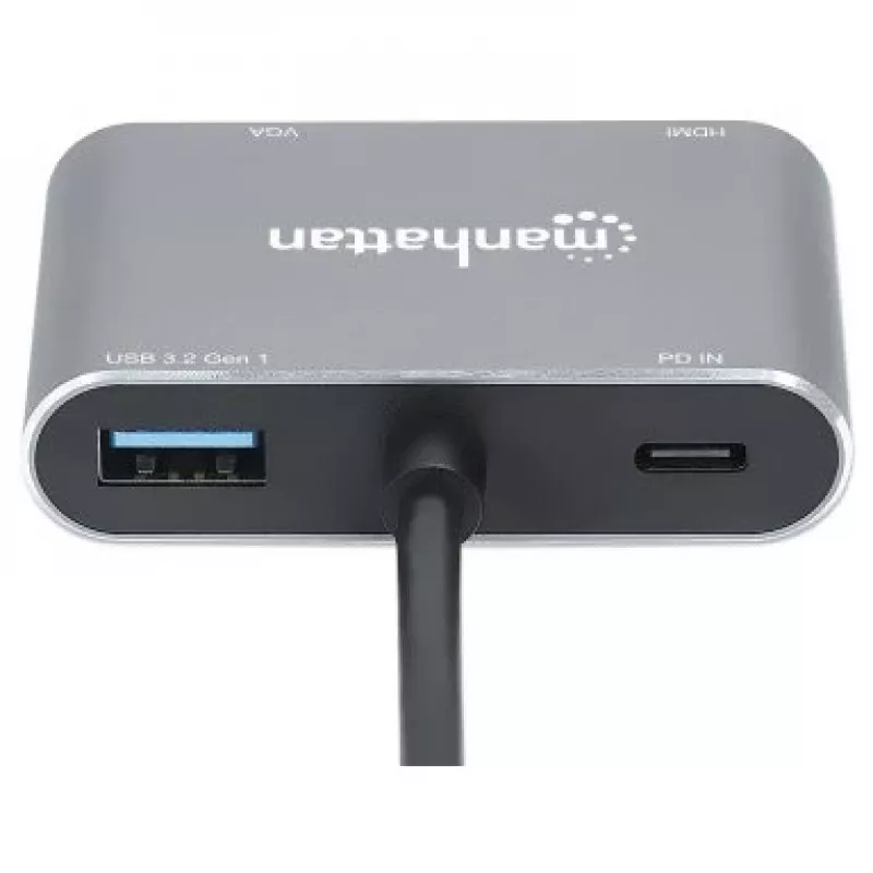 Manhattan USB-C Dock/Hub, Ports (x4): HDMI, USB-A, USB-C and VGA, with Power Delivery (PD) 87W- requires external USB-C charger (not included). USB powered (no external power supply required) when PD is not in use, Aluminium