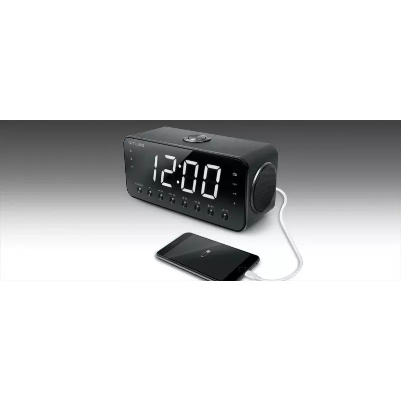 Clock radio Muse M-192 CR — digital clock, FM tuner, 1.8 inch LED display, black wood, AC 100–240V, AAA backup