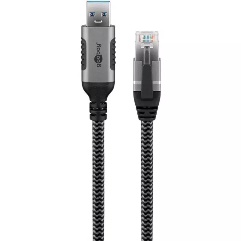 Wentronic goobay - Network Cable - USB Type A (M) to RJ-45 (M) - 1,0m - 6 mm - FTP - CAT 6 - USB 3,0 - braided cable - Black, Silver (70299)