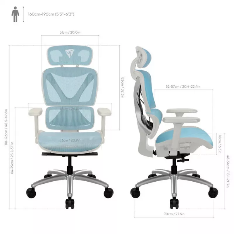Ergonomic Office Chair thunder x3 TEGC-3073102.B1 — White and Blue upholstery, adjustable armrests, high backrest