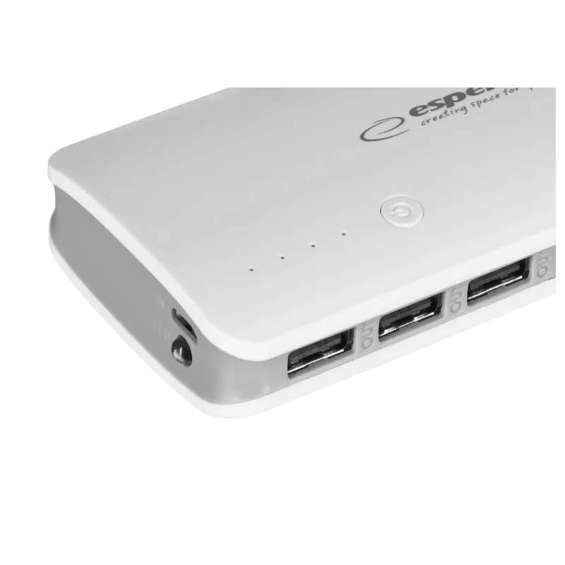 Portable charger Esperanza EMP106WE Radium — 8000 mAh, 3-device output, Micro-USB input, 5V/2A & 5V/1.5A/1A outputs, grey