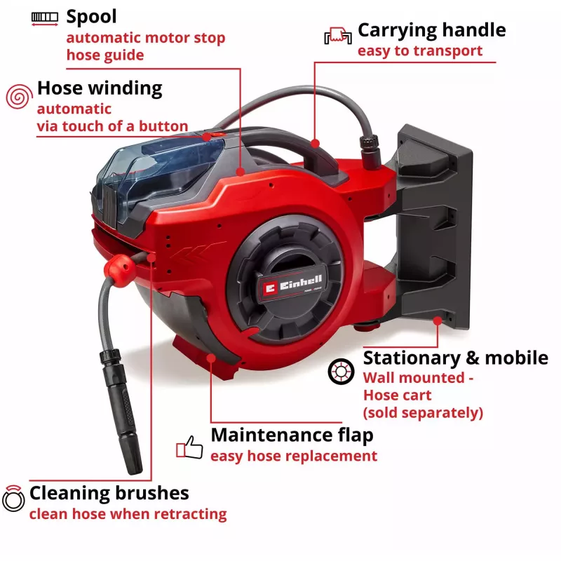 Wall-mounted reel Einhell GE-HR 18/30 Li-Solo Automatic 30m Hose