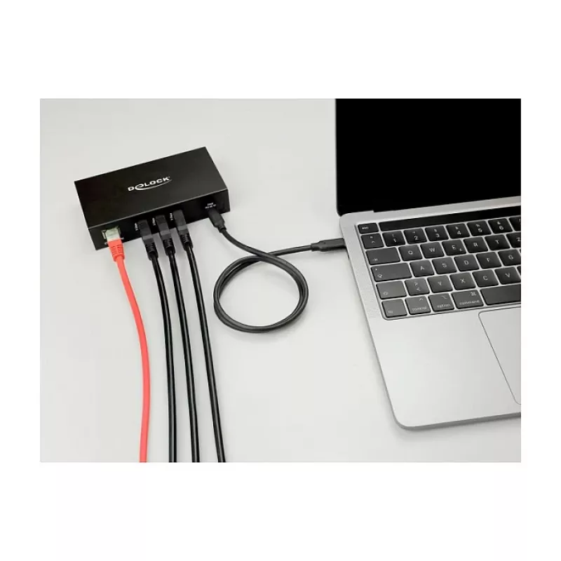 USB hub DELOCK 3-port 5 Gbps with RJ45 Gigabit PoE++ and USB Type-C host, metal case, 1.5 kV isolation, black