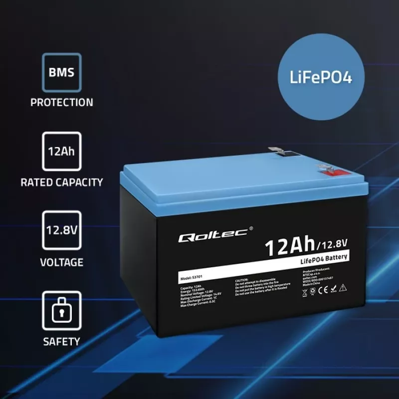 Qoltec LiFePO4 Lithium-Iron-Phosphate Battery 12.8V 12Ah 153.6Wh with BMS