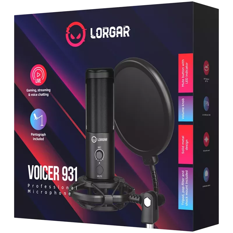 LORGAR Voicer 931, Gaming Microphone, Black, USB condenser microphone with boom arm stand, pop filter, tripod stand. including 1* microphone, 1*Boom Arm Stand with C-clamp, 1*shock
