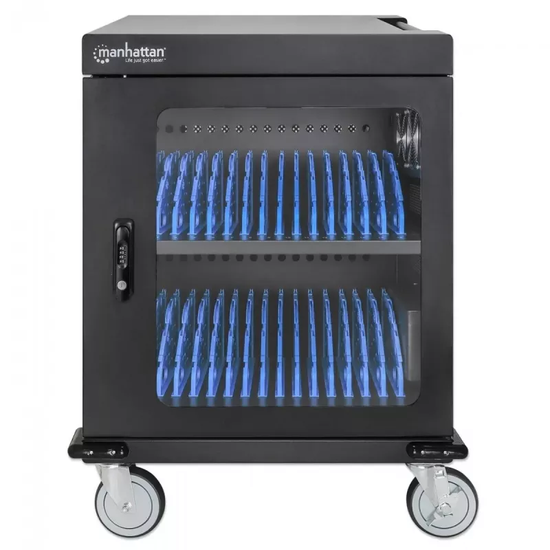 Manhattan Laptop Charging Cart/Trolley via AC Adapter (EU) 32-bay, Install device's AC Adapter (power cables) into unit, Suitable for ALL laptops (to 15.6 inch), iPads, MacBooks, Chromebooks, other USB-C devices, Bays 380x30x280mm, Cabinet, Lockable