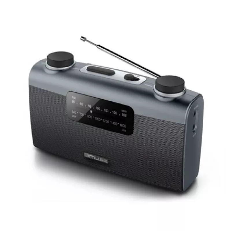 Portable radio Muse M-058 R — AM/FM, rotary volume, battery or AC (230V, 50Hz), black/grey