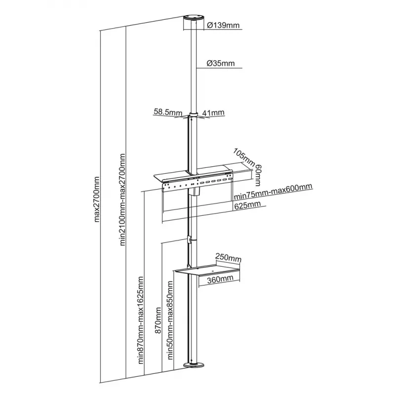 Maclean MC-791N Telescopic Floor-Ceiling TV Mount with Shelf, 37-70 inch, 30 kg
