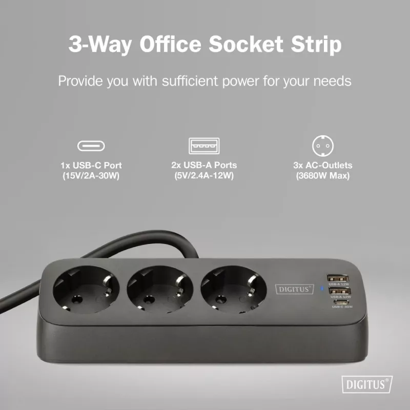 Power strip DIGITUS 3-way with 2×USB-A & 1×USB-C, 3 AC outlets Type E/F, 1.5 m cable, black