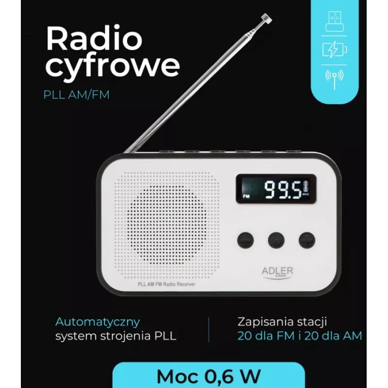 Portable digital radio Adler AD 1907 — AM/FM, digital tuner, alarm, USB-C, 600 mAh battery, LCD, 20 presets, telescopic antenna