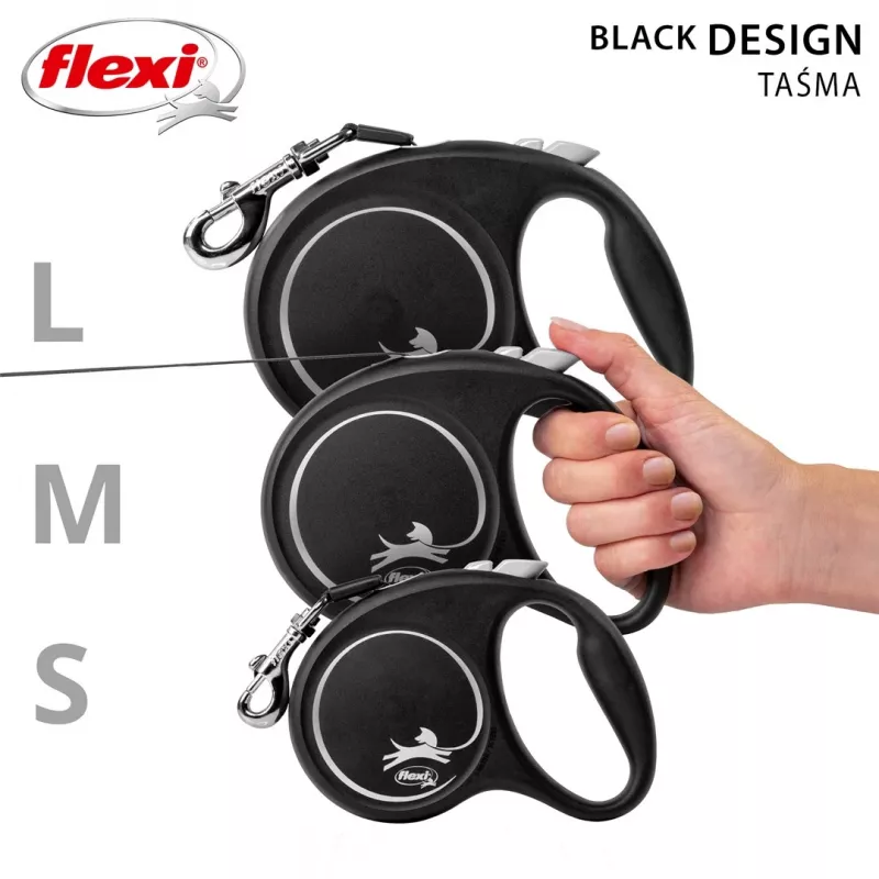 Retractable dog lead Flexi Black Design M, tape leash, 5 m, for medium breeds (10–25 kg), max load 20 kg