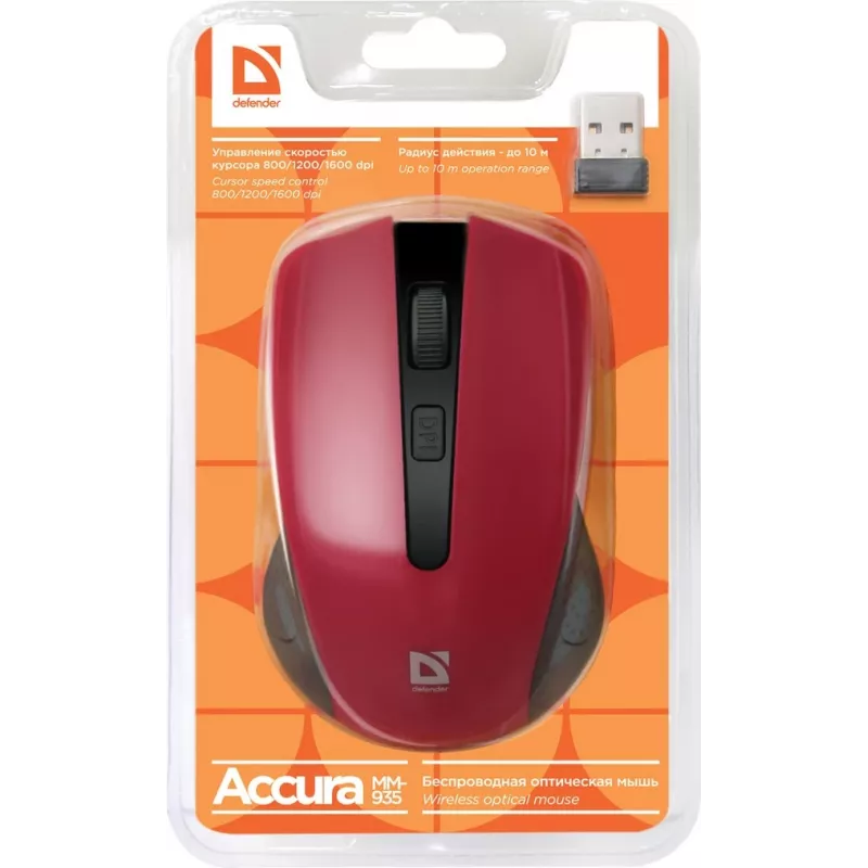 Wireless optical mouse DEFENDER MM-935 RF — ambidextrous, 1600 DPI, red, RF USB receiver, AAA batteries