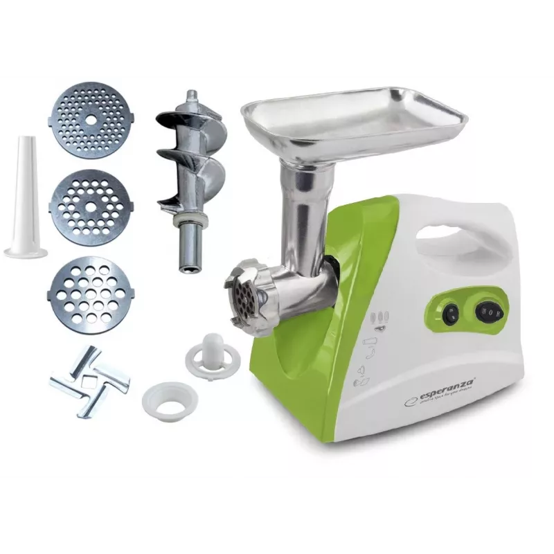 Meat grinder ESPERANZA EKM012G — 600 W, stainless steel blade, sausage horn, kebbe maker, reverse, non-slip feet, white/green