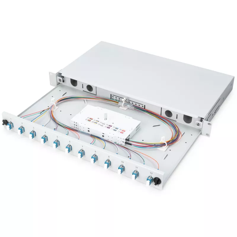 FIBER OPTIC SPLICE BOX LC OS2 1U 12XLC OS2 PIGTAILS COUPLERS