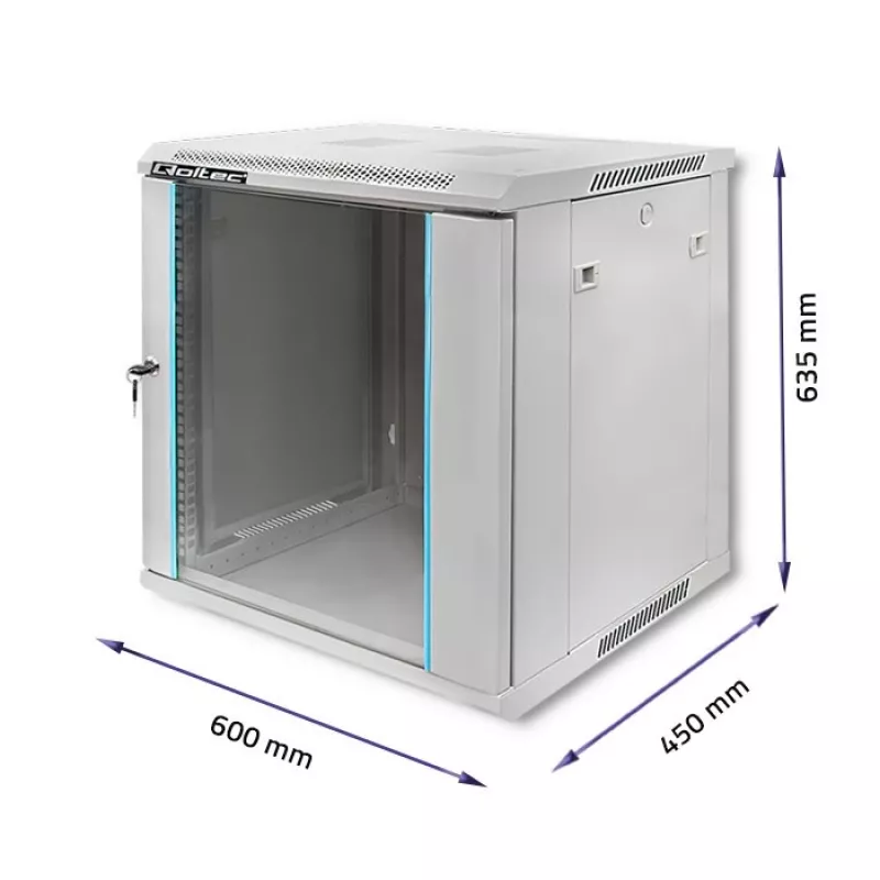 QOLTEC 54485 19-Inch 12U Wall-Mount Rack Cabinet, 600x450x635 mm, Black