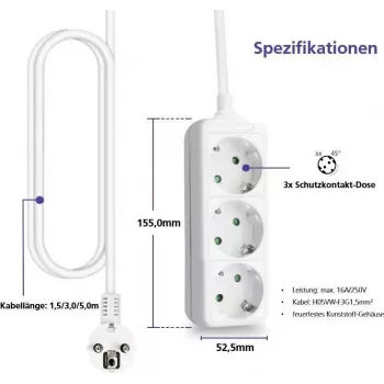 Power strip helos CLASSIC 3-socket 5.0 m cable without switch