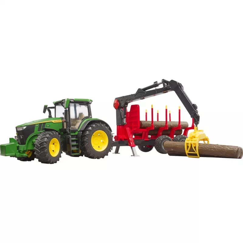 BRUDER John Deere 7R 350 with forestry trailer and 4 trunks