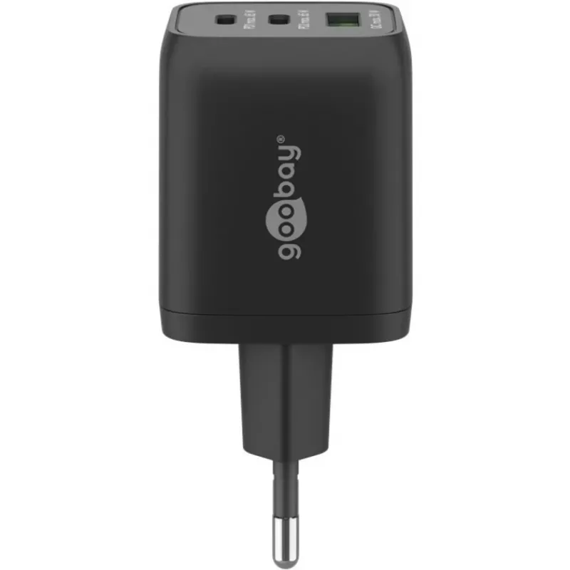 USB-C Fast Charger Nano, PD, GaN, 65 Watt, USB-C Braided Cable (black, 1x USB-A, 2x USB-C PD, Quick Charge 3.0, 1 Meter Cable)