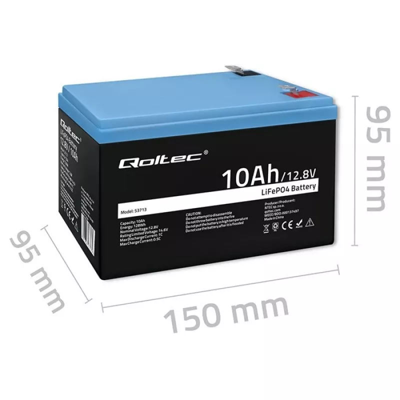 Rechargeable LiFePO4 battery QOLTEC 10Ah 12.8V 128Wh with integrated BMS