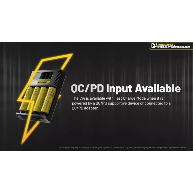 Battery charger Nitecore Ci4 — universal USB charger for Lithium‑Ion / NiCd / NiMH, 5/9/12V input, 3A, plastic, 0.1914 kg
