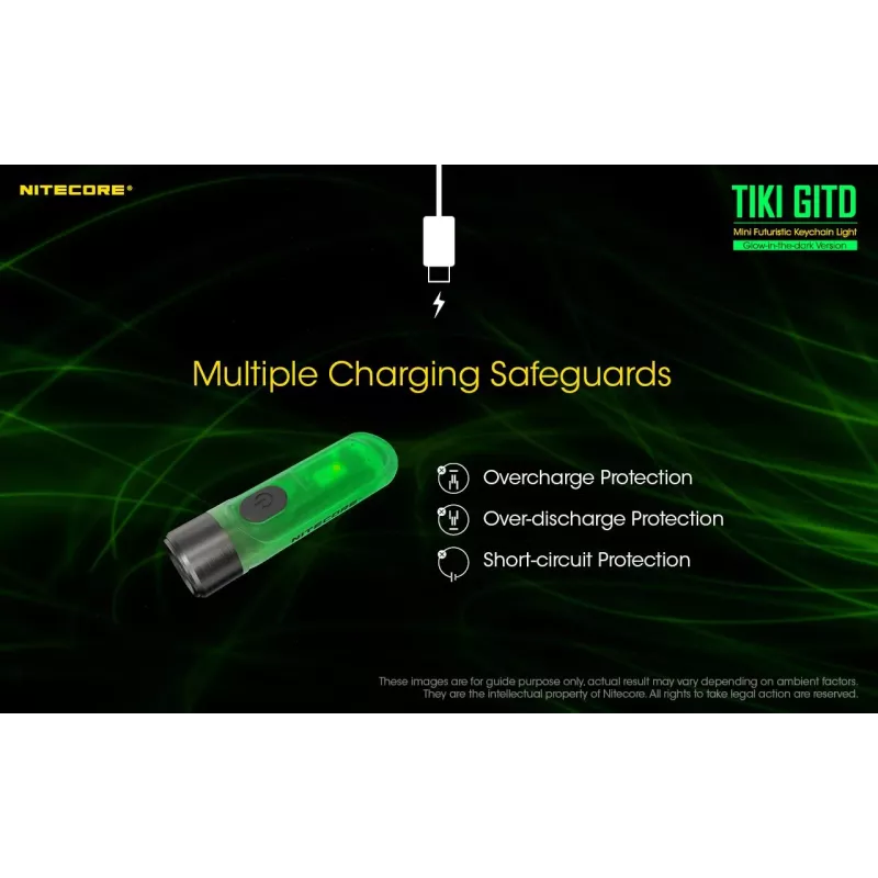 Keychain flashlight Nitecore TIKI GITD Grey — USB rechargeable, 1 lm, 55 mm, 12 g, IP66