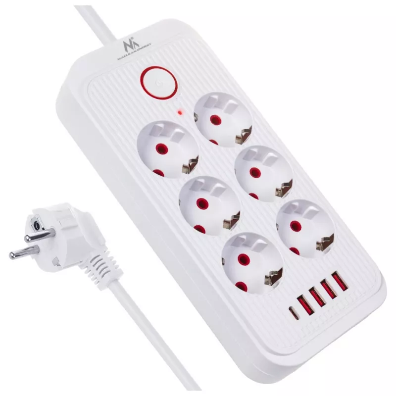 Power strip MACLEAN MCE389 W — 6 sockets, 4×USB-A, 1×USB-C, 2500W, 110–240V, 1.5 m cable, white