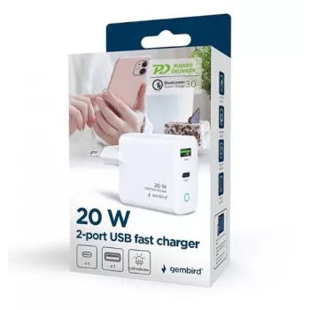 Alimentator Retea 220V GEMBIRD, Universal, 1 X USB Type-C D 20W, 1 X USB-a 3.0 QC 18W, Indicator LED, White