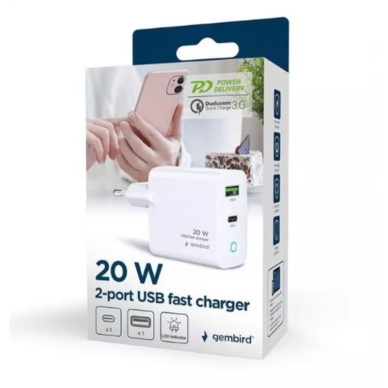 Alimentator Retea 220V GEMBIRD, Universal, 1 X USB Type-C D 20W, 1 X USB-a 3.0 QC 18W, Indicator LED, White