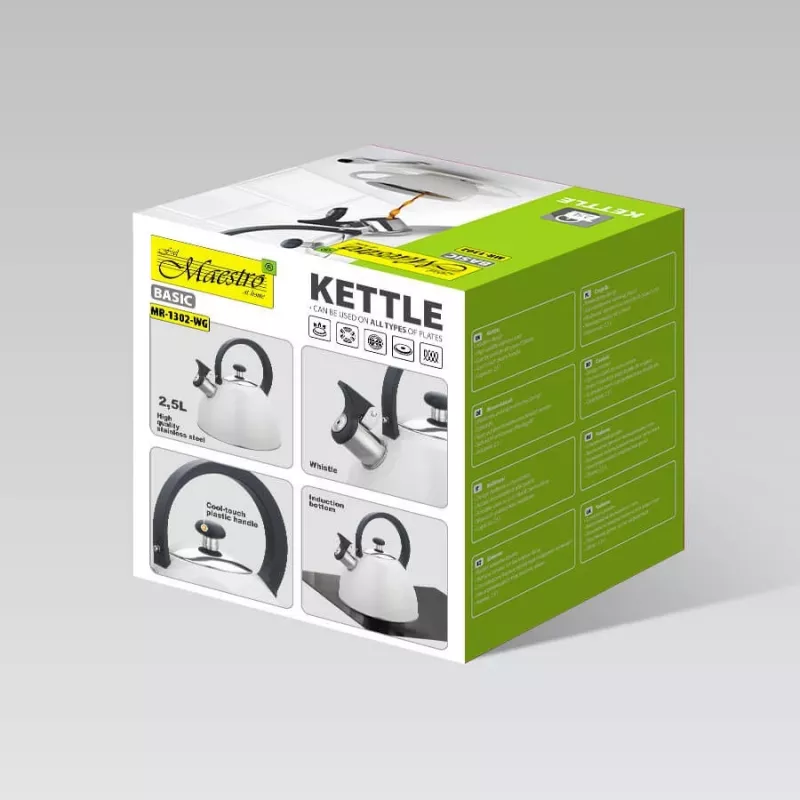 Electric kettle Maestro MR-1302-WG 2.5 L, stainless steel housing, white, hinged whistle