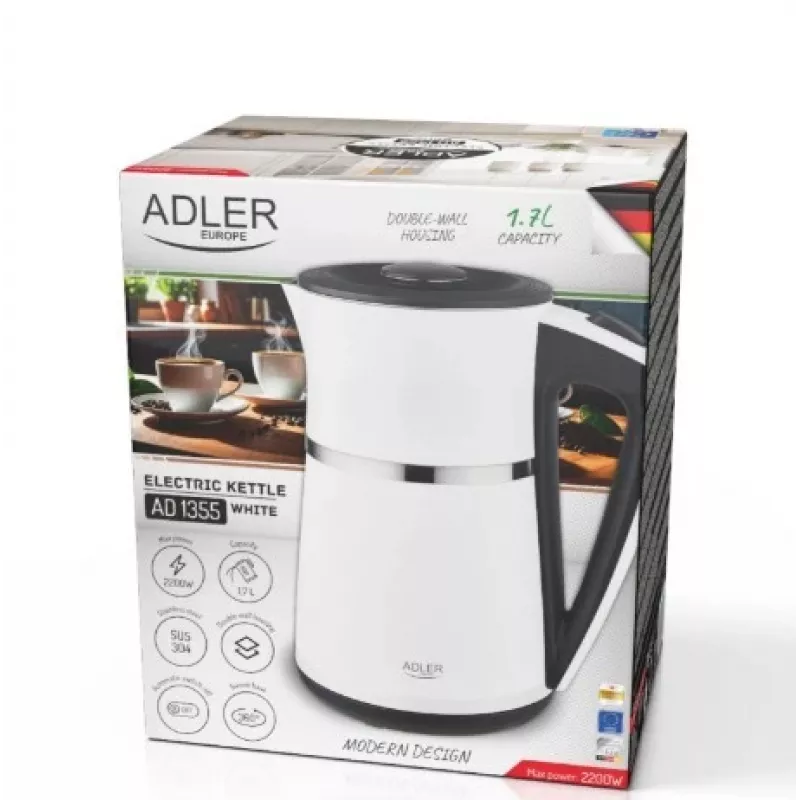 Electric kettle Adler 1.7l 1355w white double wall