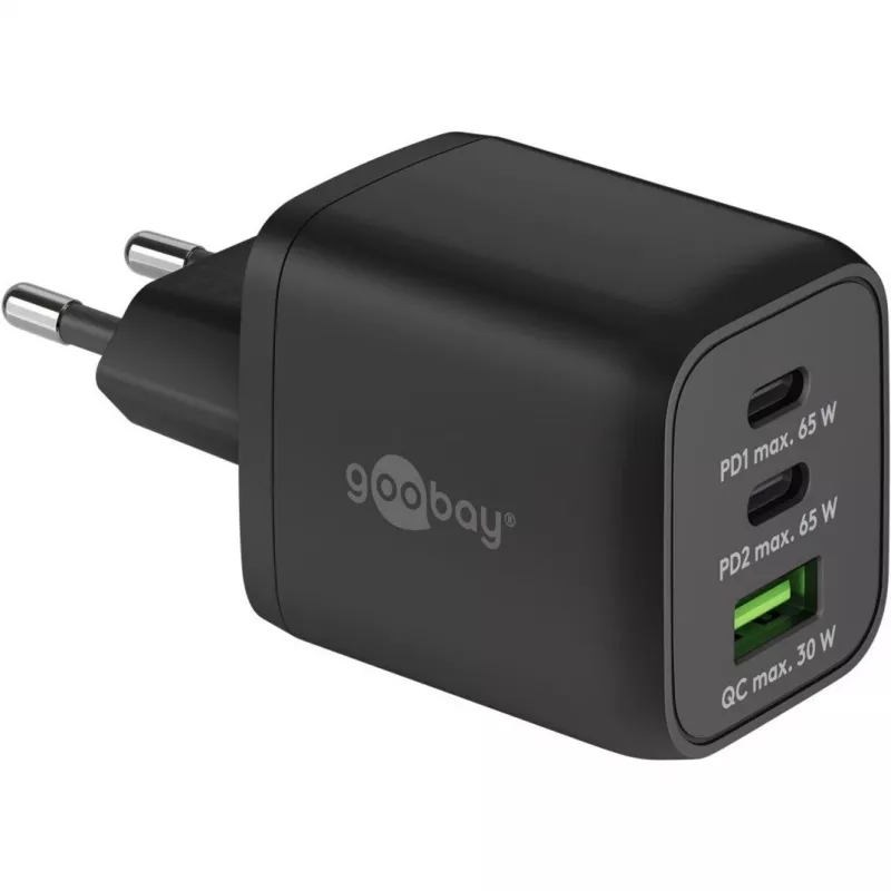 USB-C Fast Charger Nano, PD, GaN, 65 Watt, USB-C Braided Cable (black, 1x USB-A, 2x USB-C PD, Quick Charge 3.0, 1 Meter Cable)