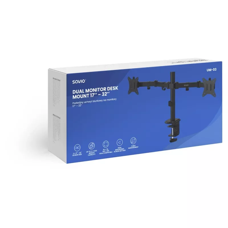 Monitor desk mount SAVIO UM-03 Black, dual monitor clamp, VESA 100x100, supports 17 inch–32 inch, height/tilt/swivel/pivot