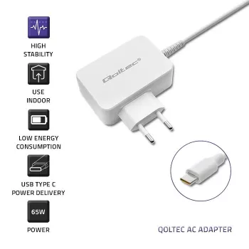 Power adapter QOLTEC 51039 65W AC-to-DC 220–240V 20.3V/3.25A Type C white, 1.7 m cable