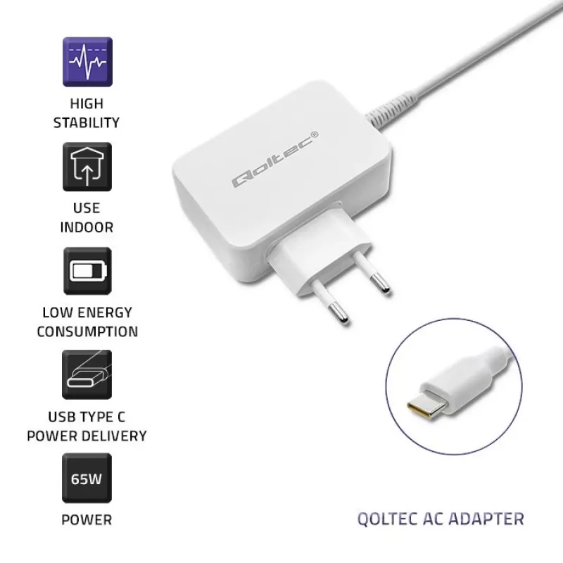 Power adapter QOLTEC 51039 65W AC-to-DC 220–240V 20.3V/3.25A Type C white, 1.7 m cable