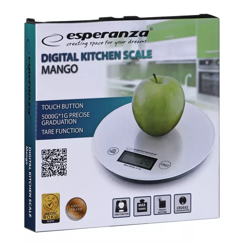 Electronic kitchen scale ESPERANZA EKS003W, 5 kg capacity, 1 g accuracy, tempered glass, touch control