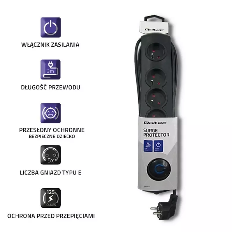 Surge protector 5 sockets 3m black