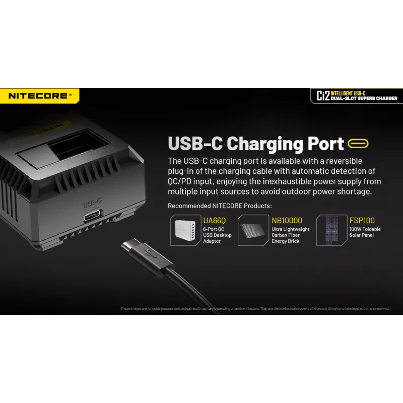 Battery Charger Nitecore Ci12 Universal USB charger for Li‑Ion, NiCd, NiMH, 3A input 5/9/12V, plastic casing
