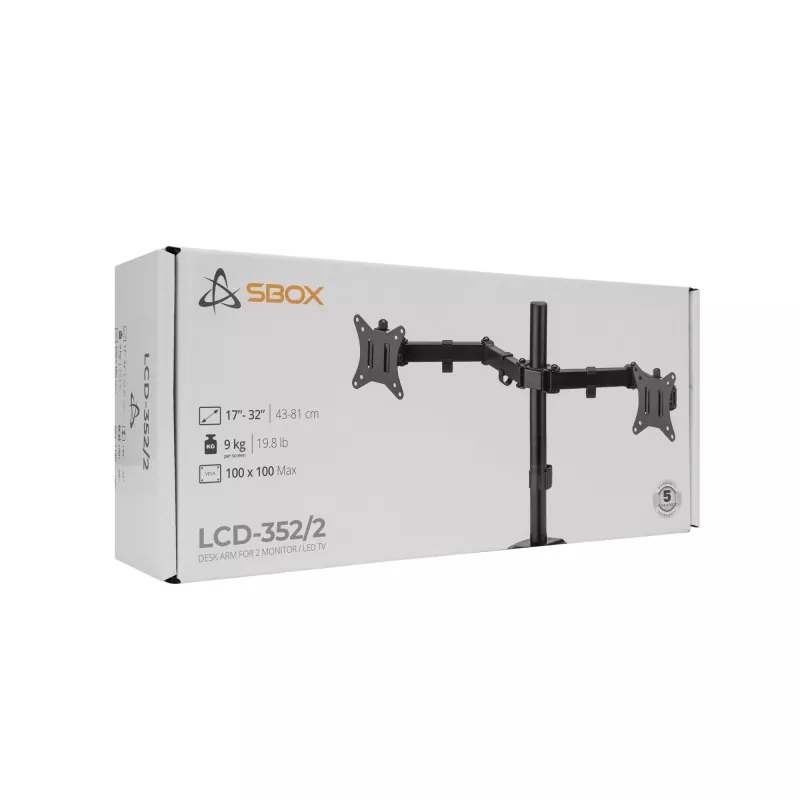 Monitor wall mount SBOX LCD-352/2-2 for 13–32 inch screens, dual arm, 2×8 kg load, VESA 100×100