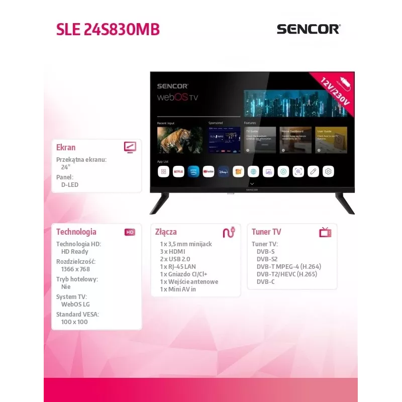 24 inch LED Smart Display television SENCOR SLE 24S830MB — HD resolution, Energy class E