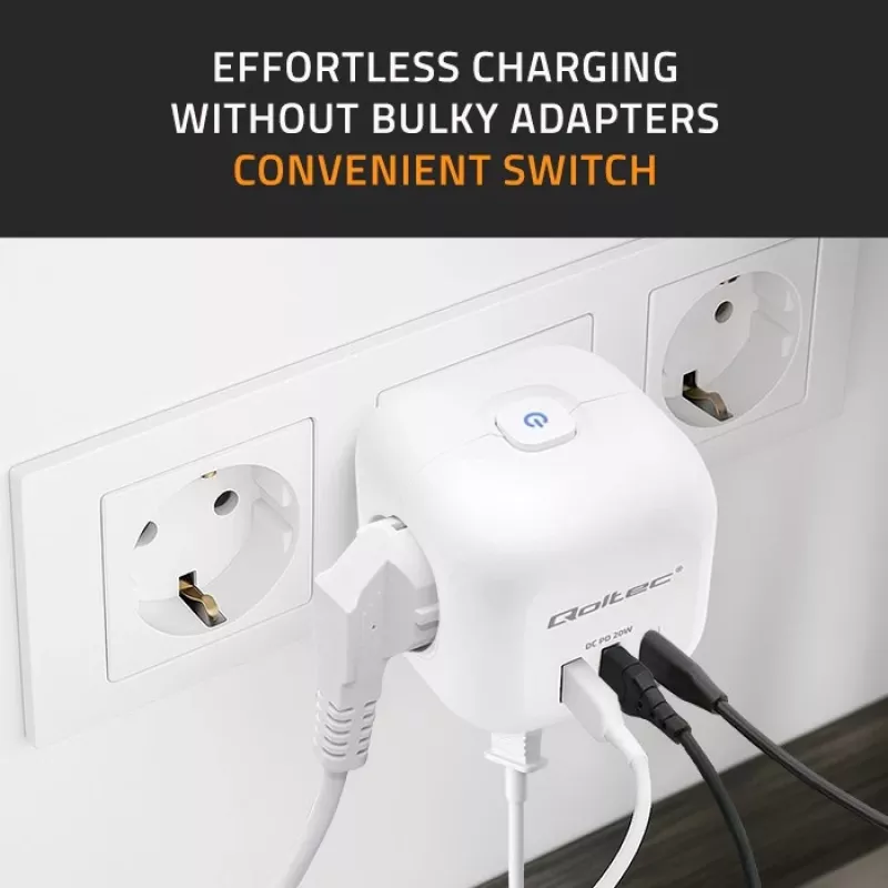 Power strip QOLTEC 52548 with 3×AC sockets and USB port