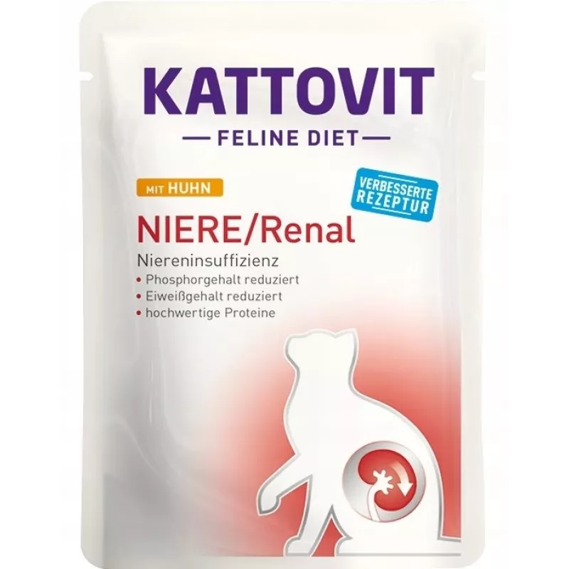Wet cat food KATTOVIT Niere/Renal 85 g sachet — 12 x 85 g, poultry (beef, chicken, duck, turkey) for adult cats with renal insufficiency