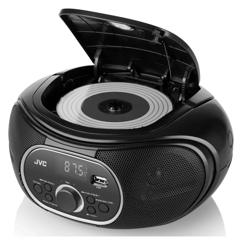 Portable CD player JVC RD‑E221B — black, CD/MP3, cassette deck, USB playback, FM radio, AUX, battery/AC power
