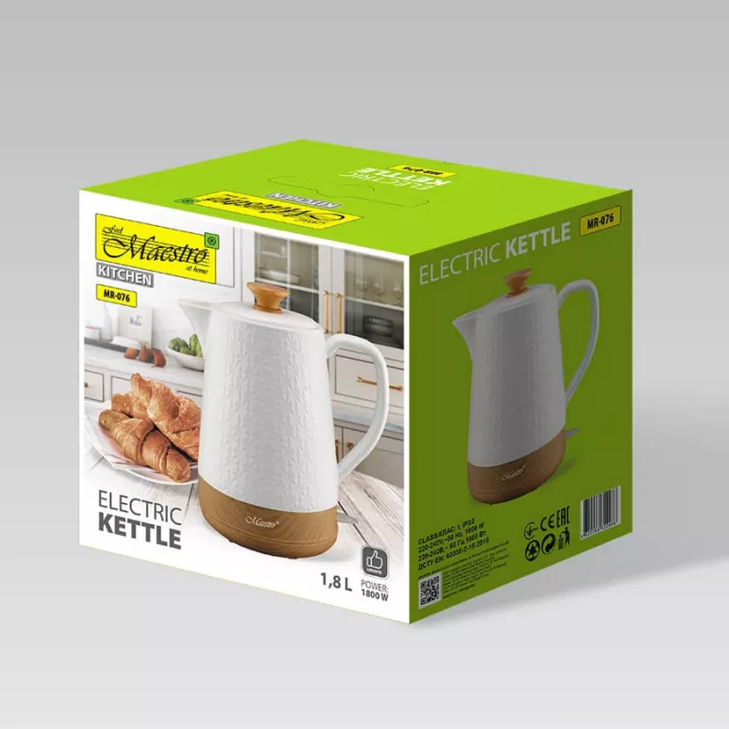 Electric kettle Maestro MR-076 1.8 L 1800 W Ceramic housing, White/Wood