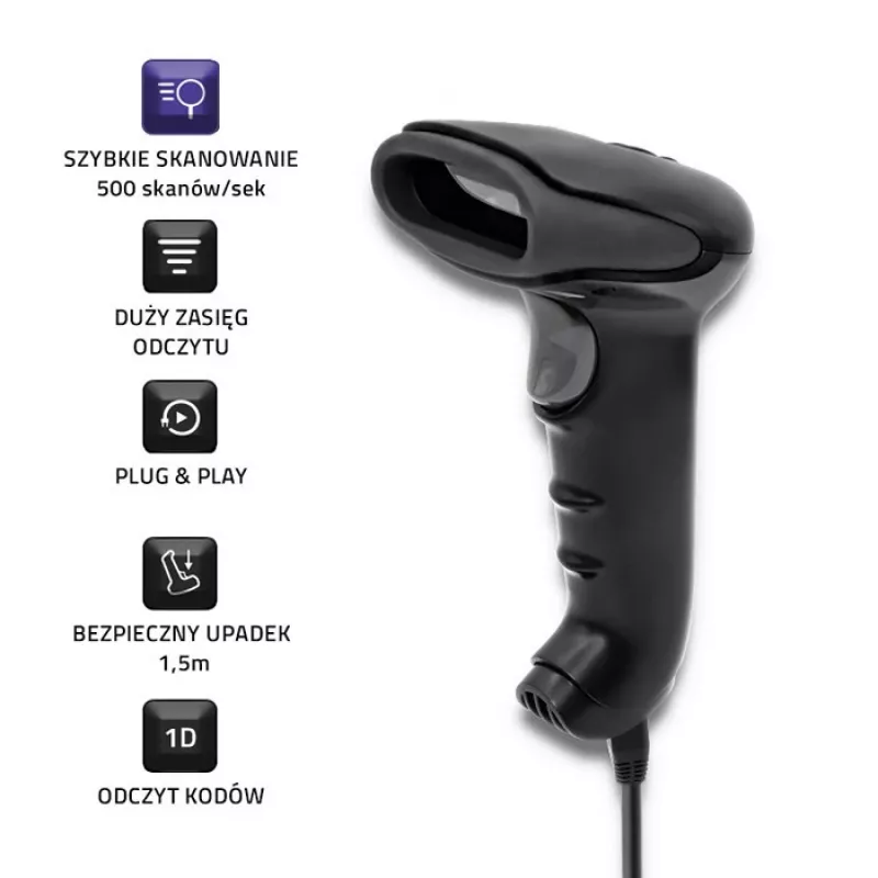 Handheld barcode reader QOLTEC 50866 — 1D laser scanner, USB wired, 600 mm range, black, 161.5×88×77 mm