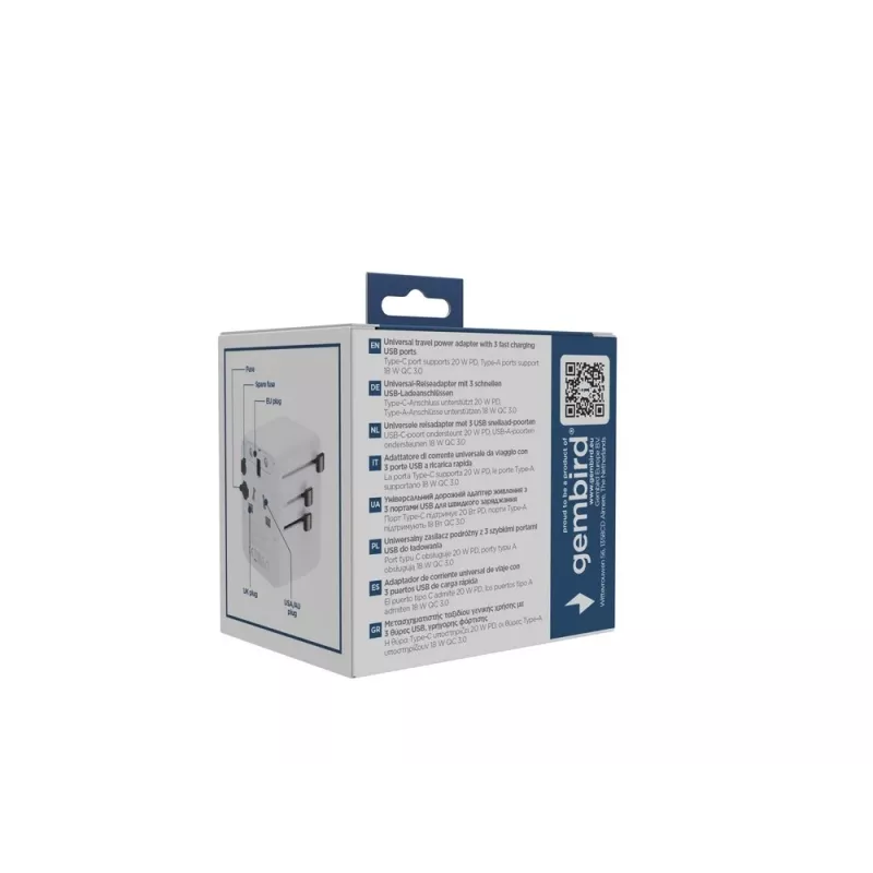 Travel power adapter GEMBIRD TPA-1A2C20-01-W — 20 W, USB-A (18 W) + 2× USB-C (20 W), Type E plug, white