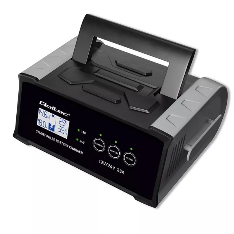 Battery charger QOLTEC 52514 — 12V/24V, 25A, for AGM/GEL/SLA batteries with LCD display