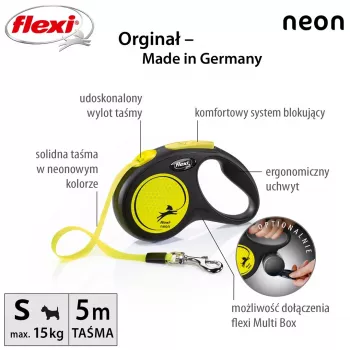 Retractable lead Flexi New NEON 5 m - tape leash, for small dogs up to 15 kg, black/yellow