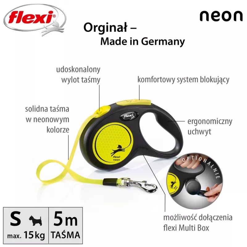 Retractable lead Flexi New NEON 5 m - tape leash, for small dogs up to 15 kg, black/yellow